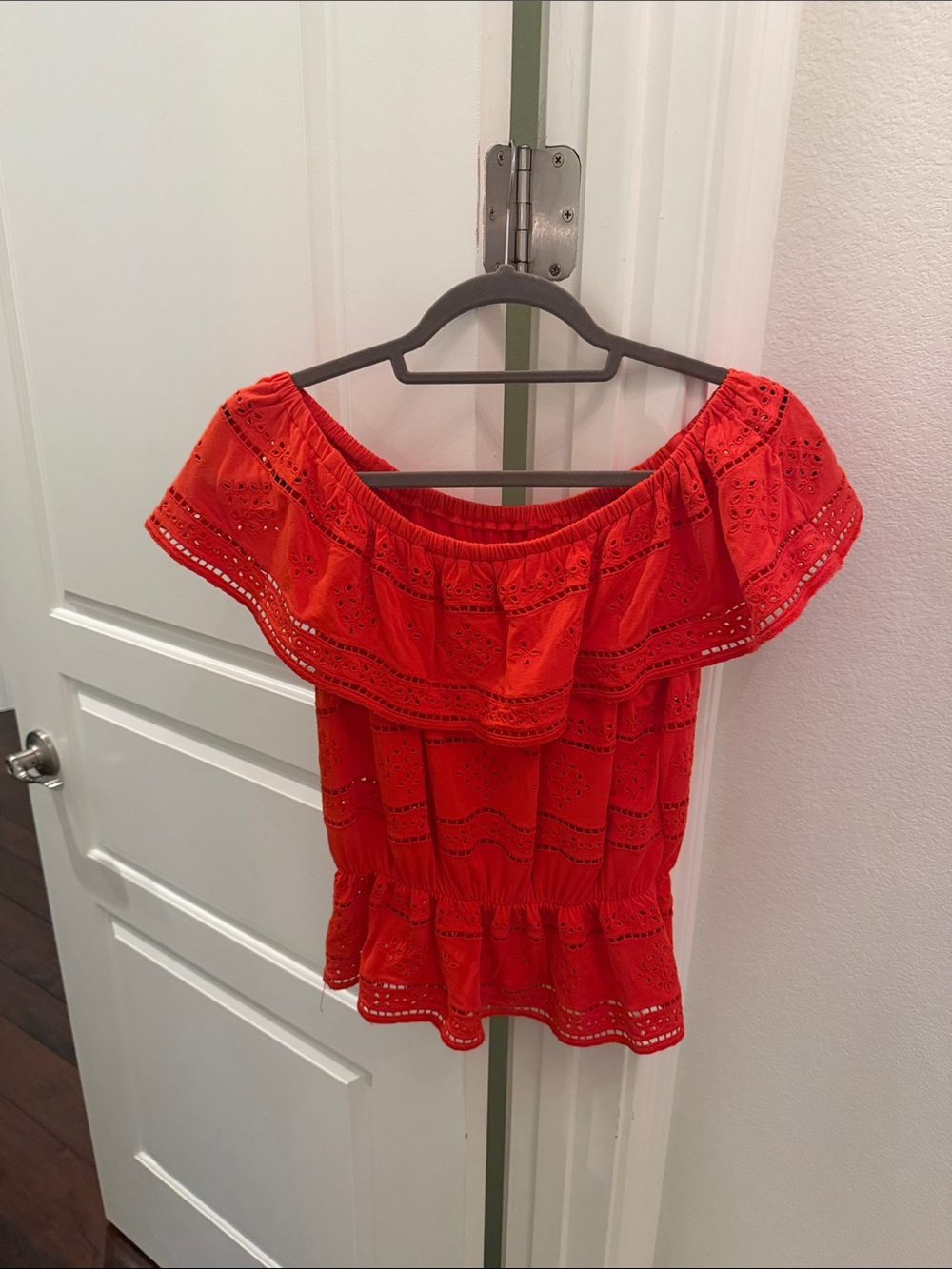 bebe Red Off-Shoulder Eyelet Ruffle Tunic - Picture 2 of 3